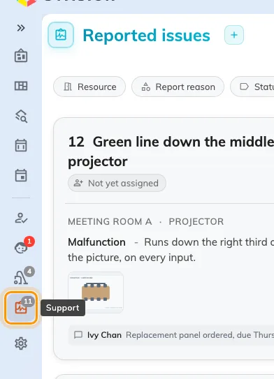 The app's left menu. Support carries a count of the issues still open.