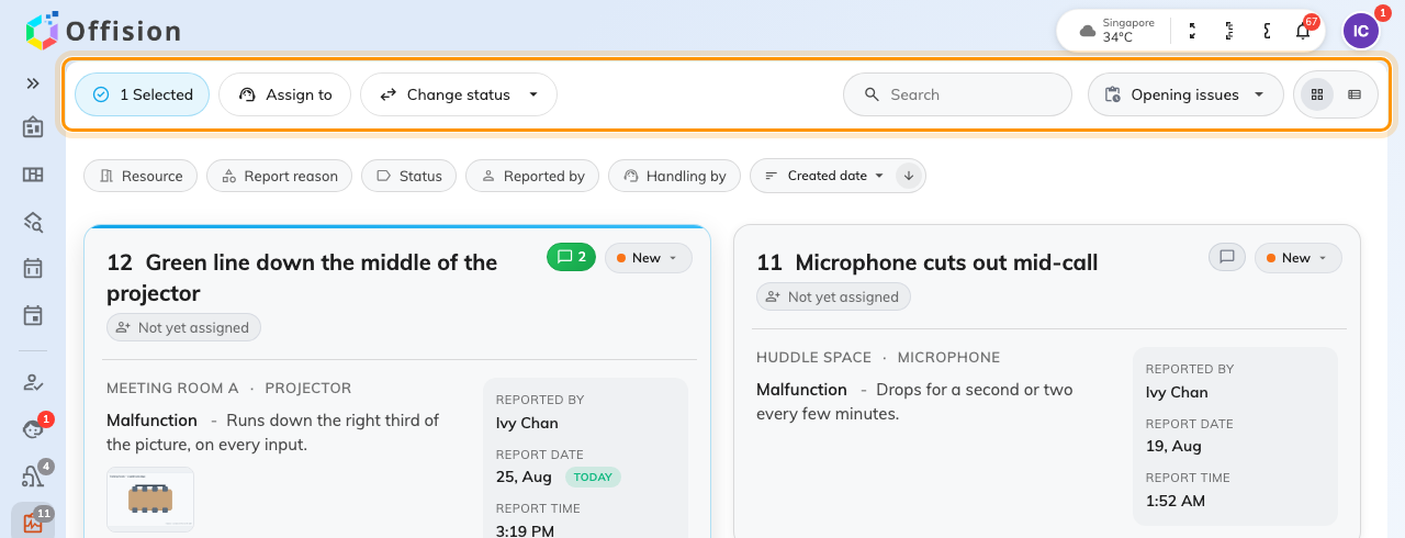 With tickets selected, the header turns into Assign to and Change status.