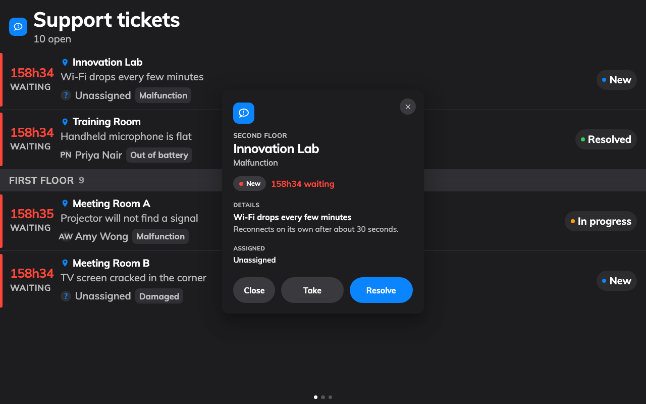 A ticket, opened: the room, what is wrong, who has it, and the buttons that move it.