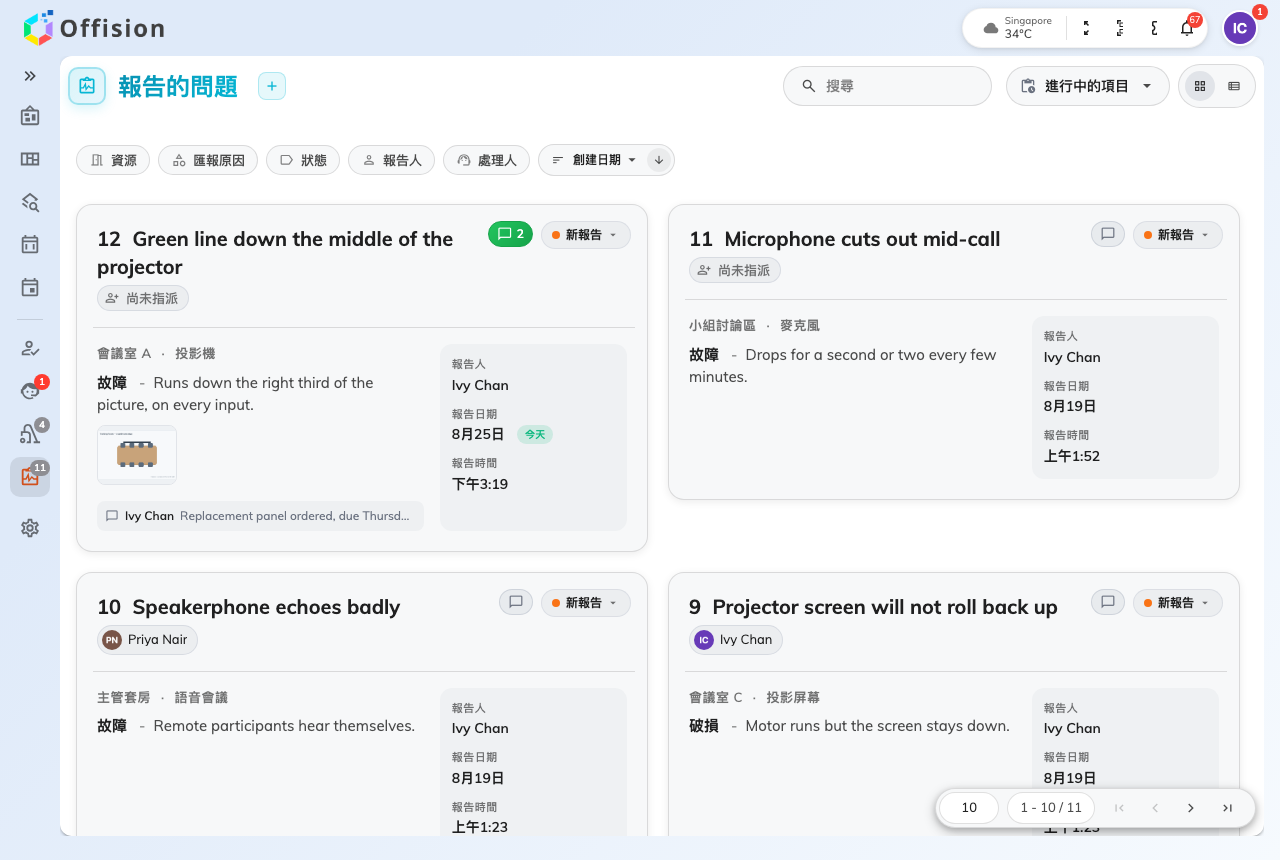 Offision 應用程式的支援頁面,列出已匯報的問題、狀態與處理人。