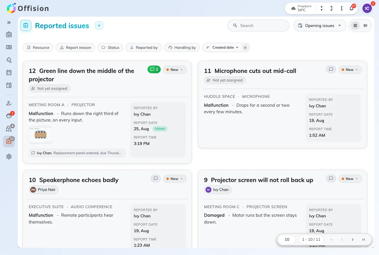 The Support page in the Offision app, listing reported issues with their status and who is handling them.