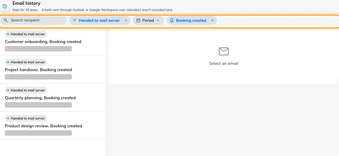 Four accepted booking notifications are shown with the Status and Email Template filters applied; recipient addresses are masked.