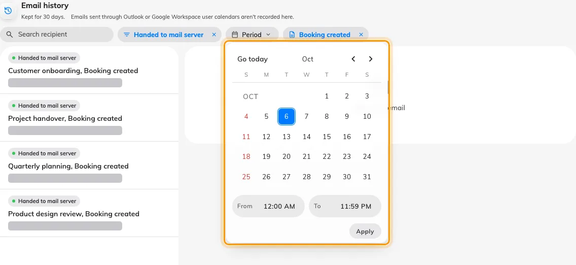 The Period menu selects one day and a From–To time window before Apply.
