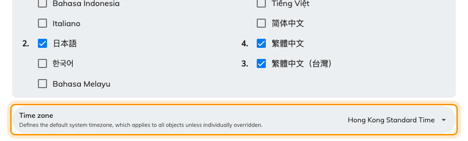 Account settings, with the system time zone.