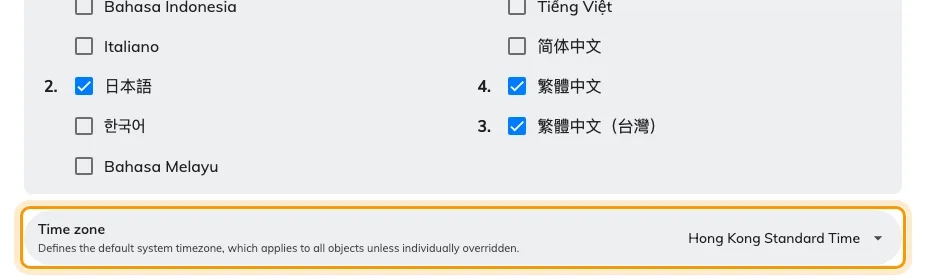 Account settings, with the system time zone.