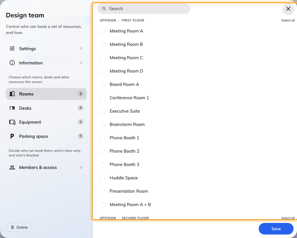 One page per resource type; the badge counts what this team space covers.