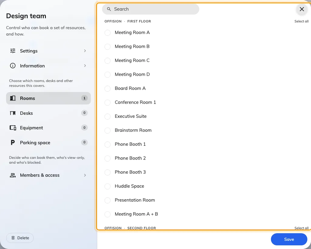 One page per resource type; the badge counts what this team space covers.