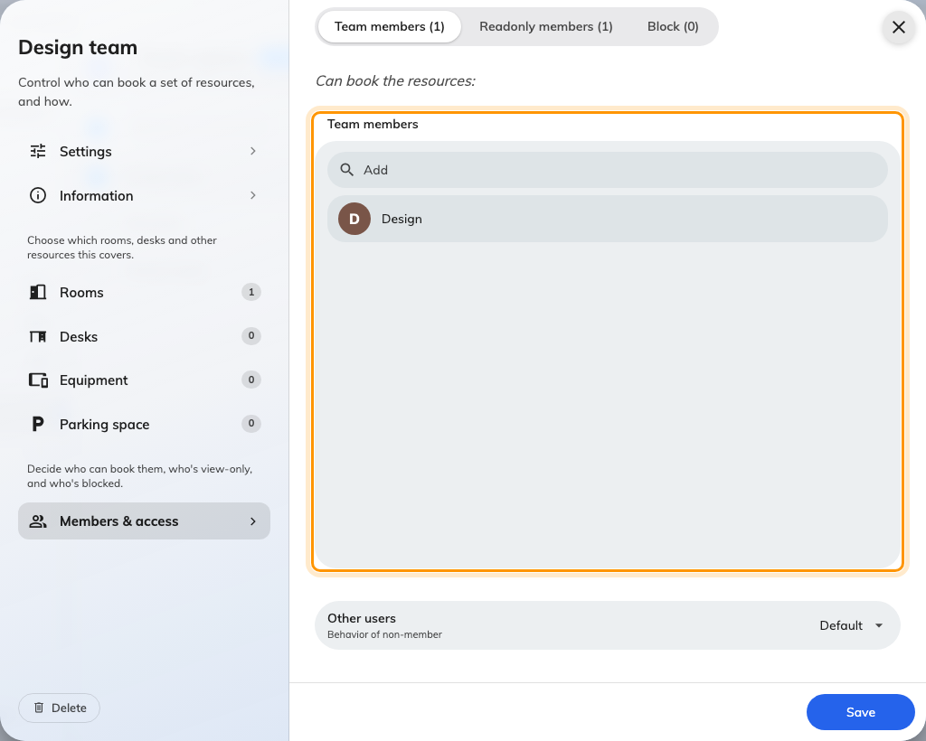 Team members: the group that can see and book these rooms.