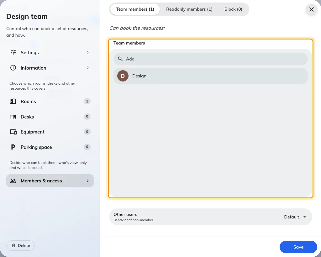 Team members: the group that can see and book these rooms.