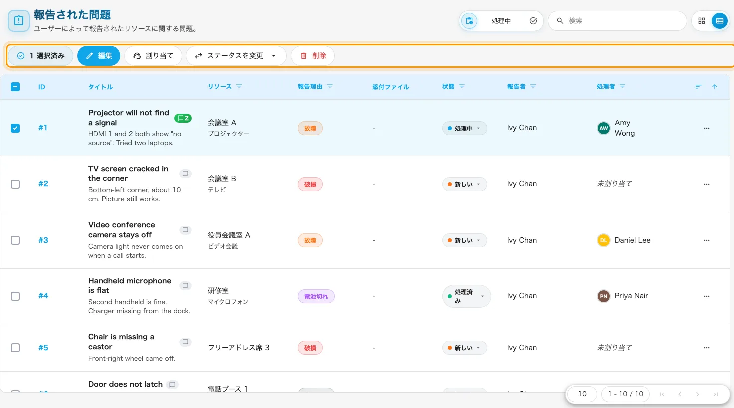 行にチェックを入れると、選択バーに 担当者を割り当て、状態を変更、すべて削除 が出ます。