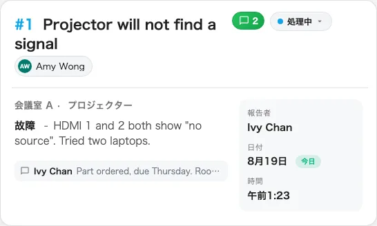 キューの中の 1 件。指しているリソース、理由、状態、そして処理者。