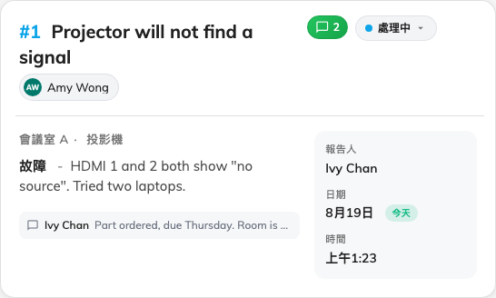 佇列中的一張工單：它指向的資源、原因、狀態，以及由誰處理。