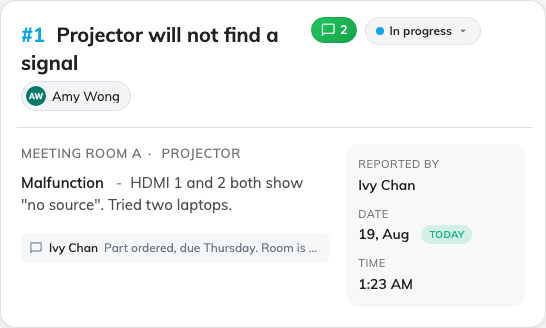 One ticket in the queue: the resource it names, its reason, its status and who has it.