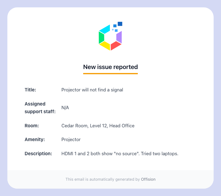 The New issue reported email.