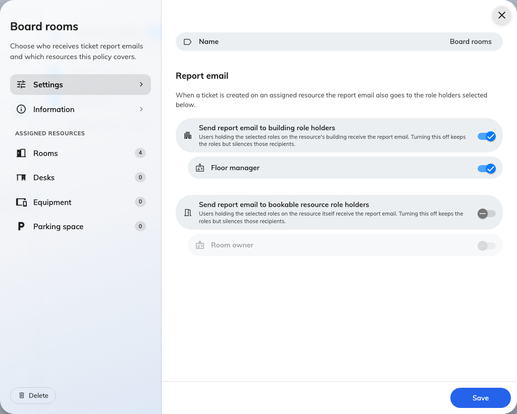 The two report-email rules, each with the roles it can draw on.