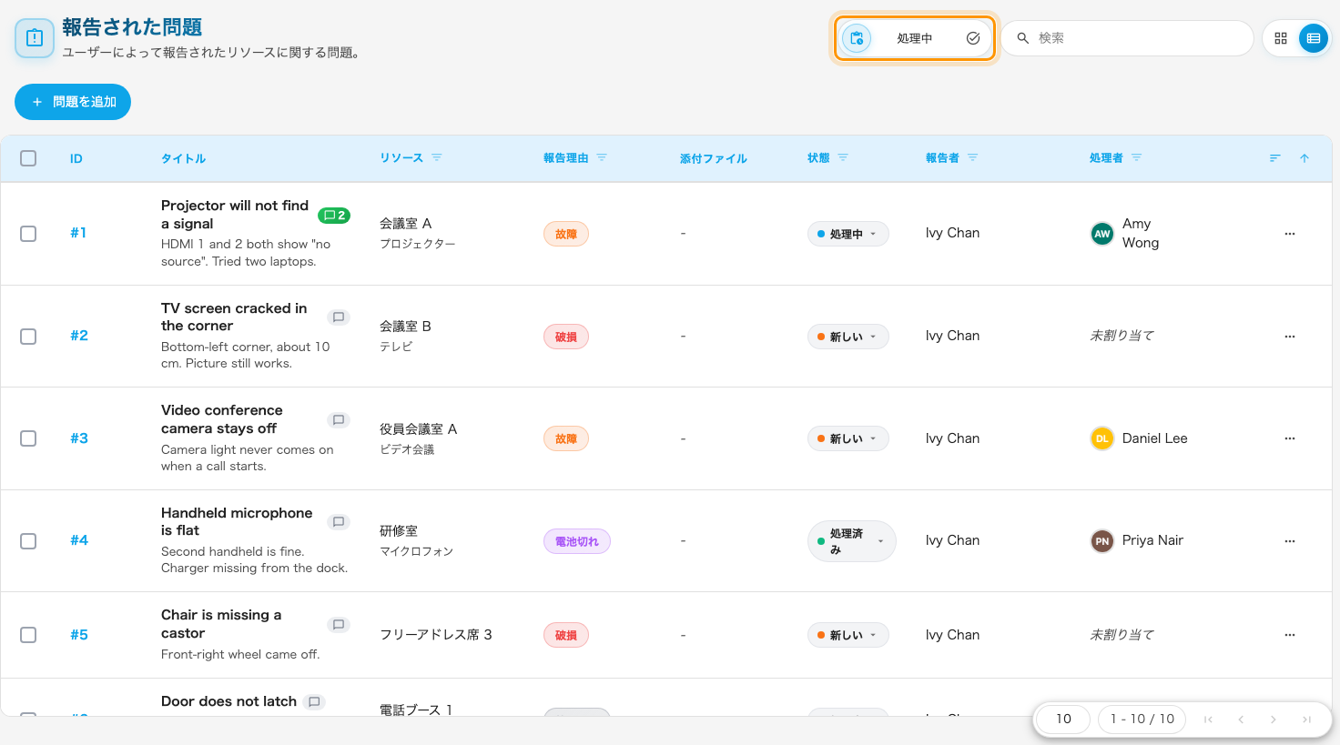 リスト表示のキュー。処理中／完了の切り替えが、見えている側を決める。