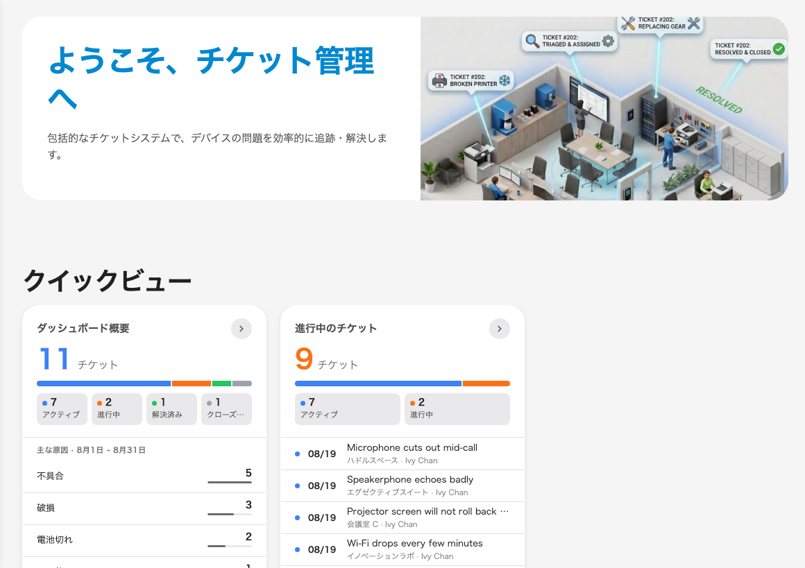 管理コンソールの「チケット管理」セクション。概要ページを表示している。