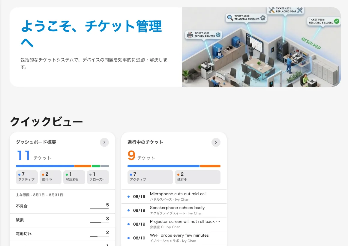 管理コンソールの「チケット管理」セクション。概要ページを表示している。
