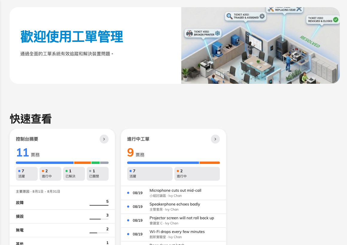 管理主控台的「工單管理」區段，顯示概覽頁。