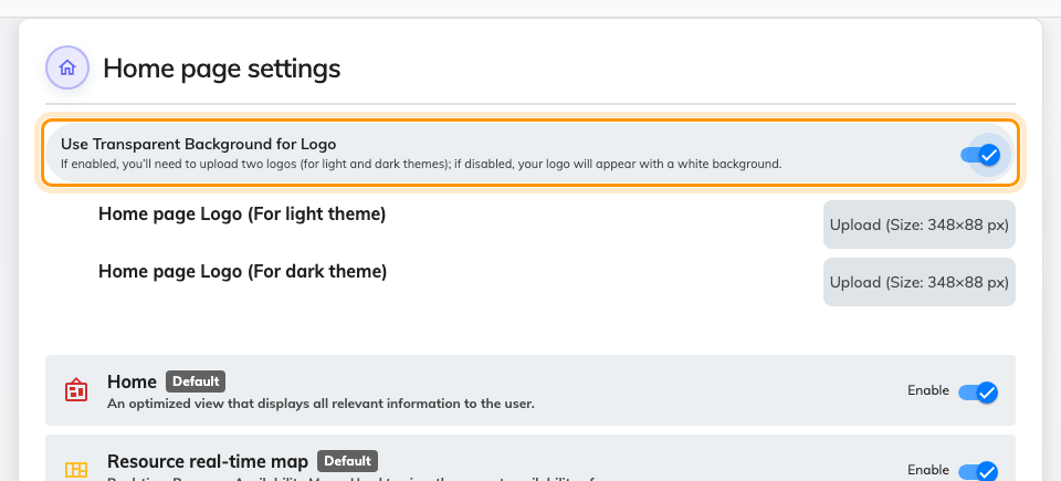 Home page settings, with the transparent switch on and its two uploads revealed.