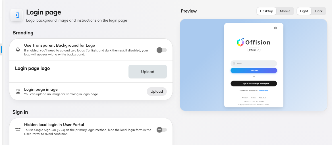The login page settings, over their live preview.