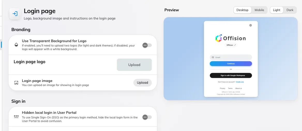 The login page settings, over their live preview.