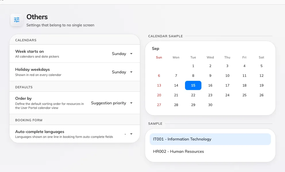 The catch-all: the day the week starts on, a default order, and the languages a booking form's auto-complete fields show.