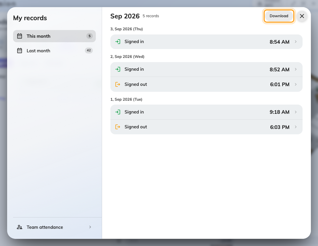 Your own records for the chosen month. Download saves exactly what is listed.