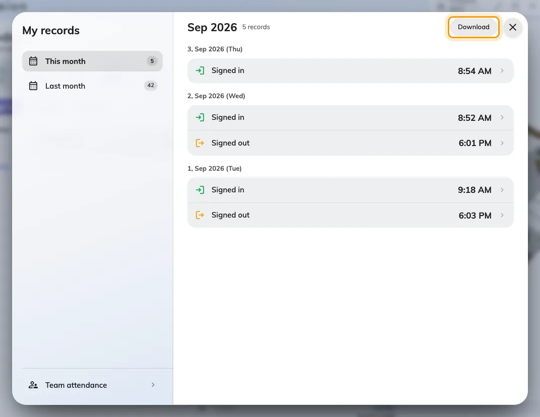 Your own records for the chosen month. Download saves exactly what is listed.