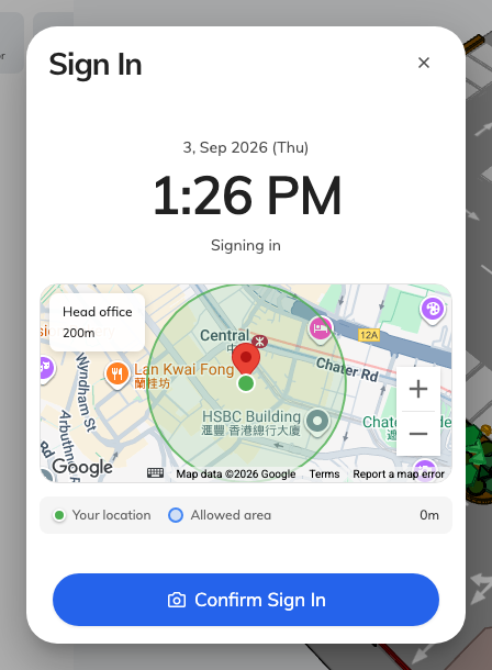 The Sign In dialog: each check ticked as it passes, your position on the map against the allowed area, and Confirm at the bottom.