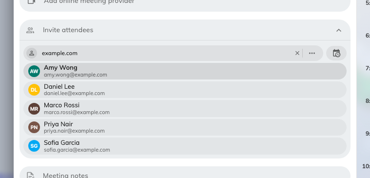 Attendees. Colleagues, groups, or an email address for a guest.