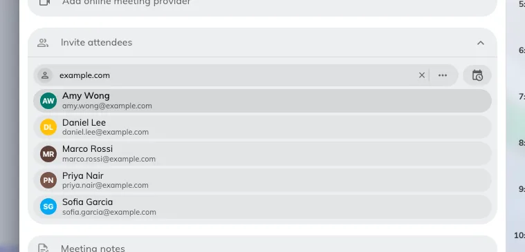 Attendees. Colleagues, groups, or an email address for a guest.