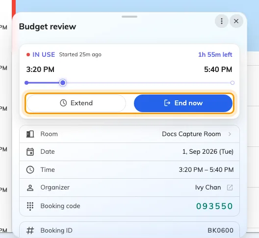 A running booking's own card: Extend and End now along the bottom.