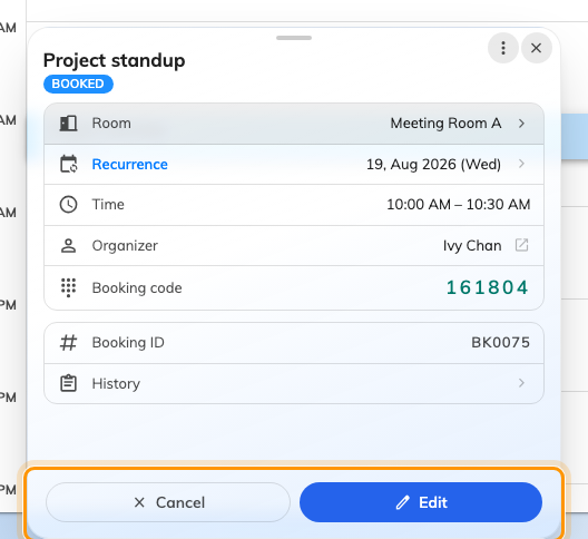 A booking's card. Cancel and Edit sit along the bottom.