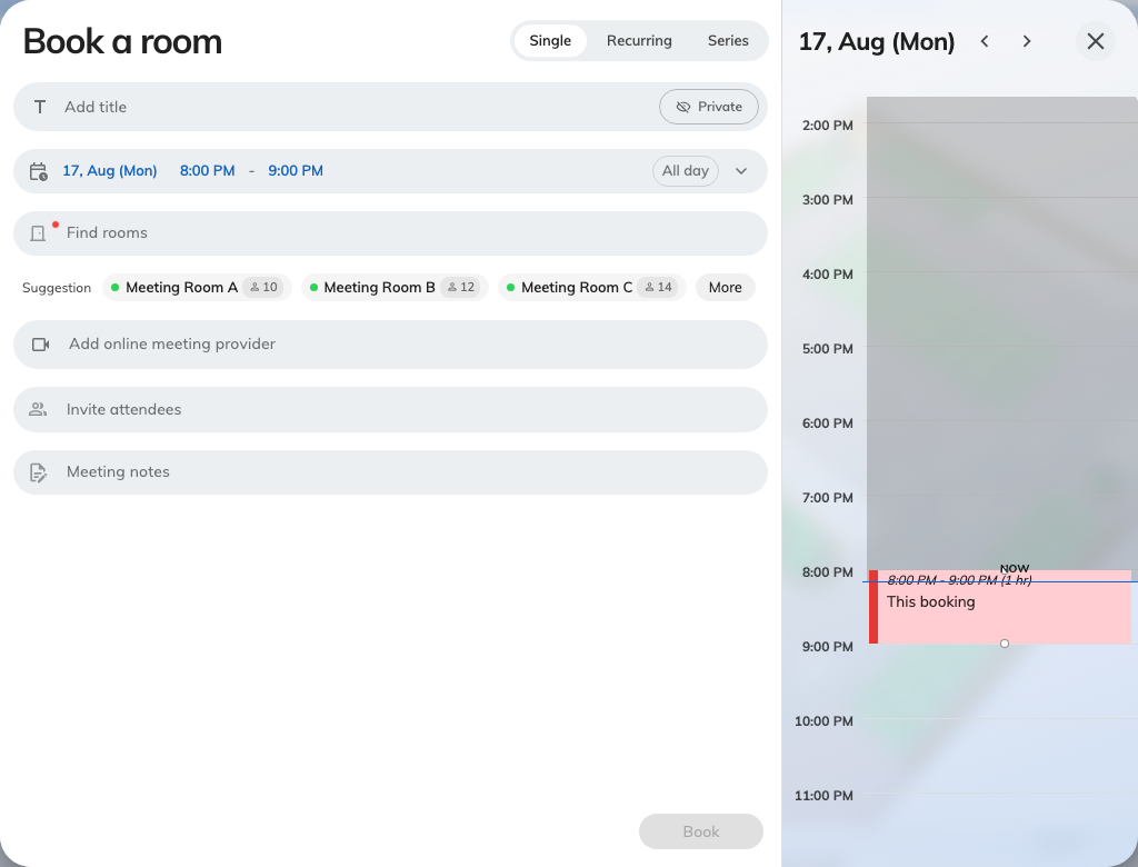 The booking form as it opens: the details on the left, the day's timeline on the right.