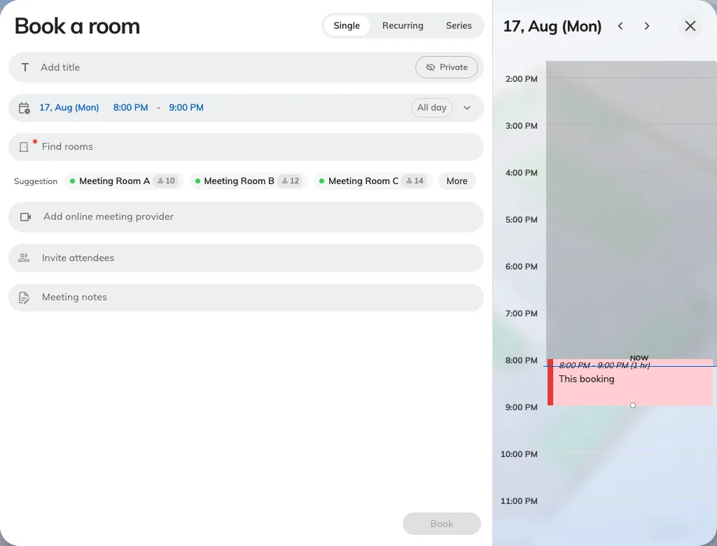 The booking form as it opens: the details on the left, the day's timeline on the right.