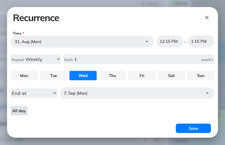 The Recurrence dialog on Weekly: how often, which days, and when it stops.