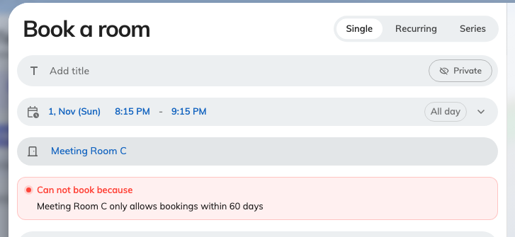 A booking placed past the room's window, with Book unavailable.