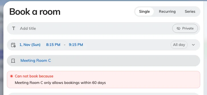 A booking placed past the room's window, with Book unavailable.