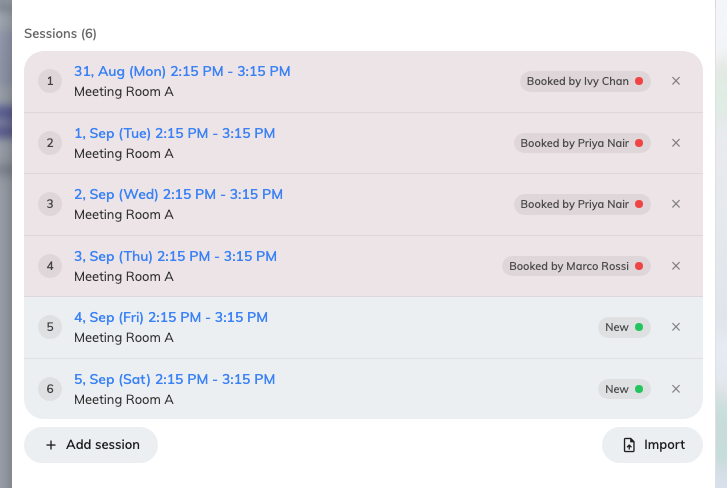 After the switch: one row per session, each editable on its own.
