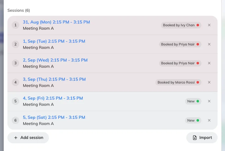 After the switch: one row per session, each editable on its own.