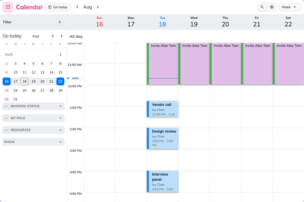 My calendar on the week view, with the filter panel down the left.