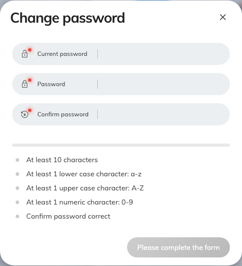 Change password. Current first, then the new one twice.