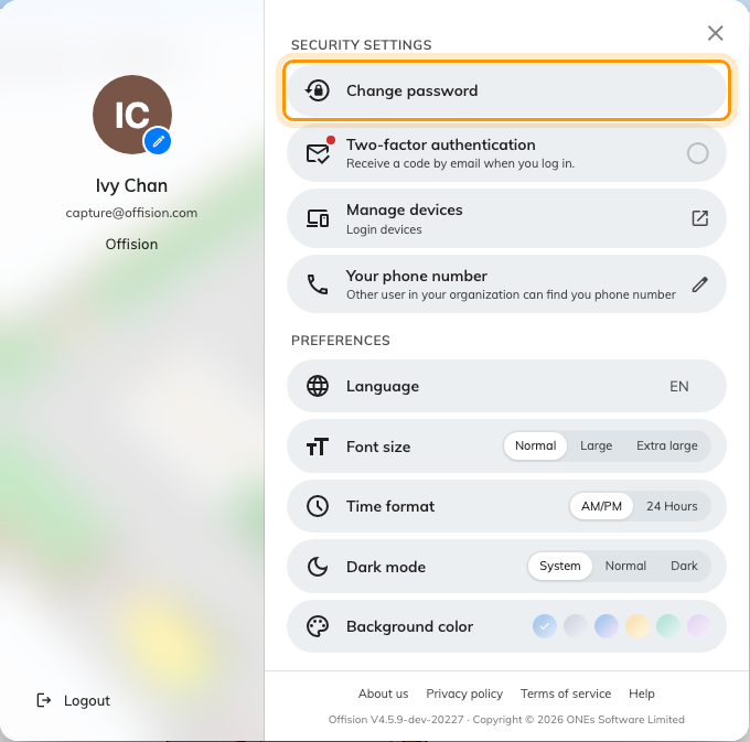Your profile panel. Change password, under Security settings.