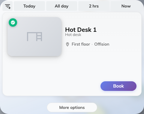 Find a desk now: whatever is free for the length of time you asked for, each row with its own Book.