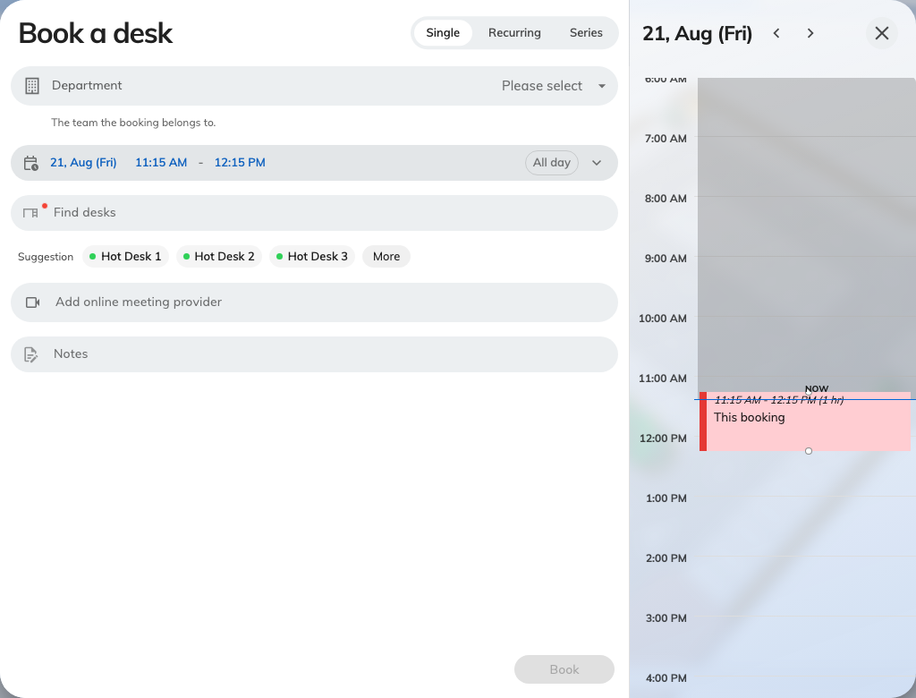 Book a desk. A desk, a time, and notes if you want them — the rest of the room form is not asked.