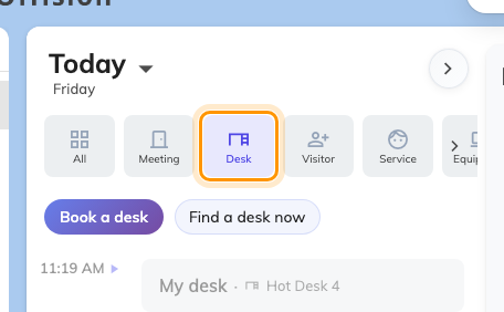 With Desk chosen, the two buttons are desk buttons: Book a desk, and Find a desk now.