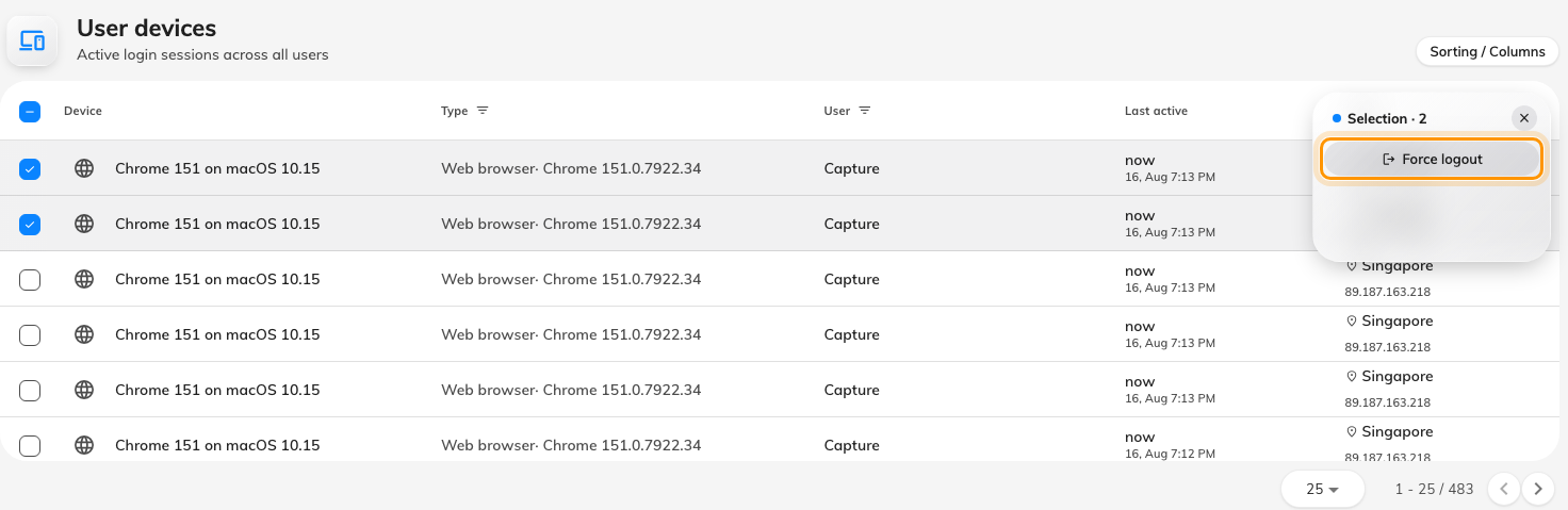 Tick several rows and the toolbar acts on all of them at once.
