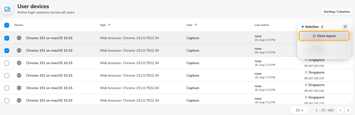 Tick several rows and the toolbar acts on all of them at once.