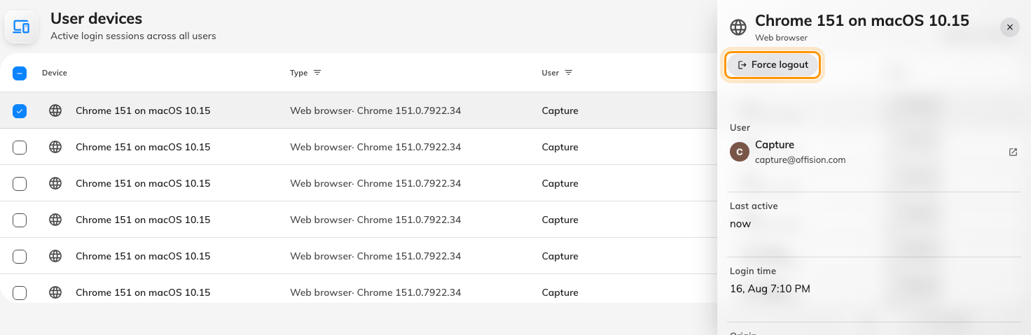 Selecting a device opens its detail, with Force logout.